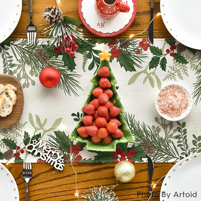 Artoid Mode Holly Pine Cone Christmas Table Runner, Seasonal Winter Kitchen Dining Table Decoration for Home Party Decor 13x48 Inch