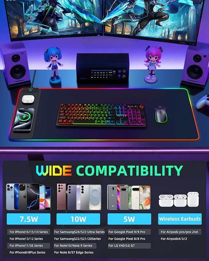 Mouse Pad with Wireless Charging, RGB Gaming Desk Mat, 31.5"x15.7" Large XXL Desk Pad, 15 Lighting Modes, Non-Slip Mouse Mat, Waterproof Computer Keyboard Pad, Black with 20W PD Power Adapter