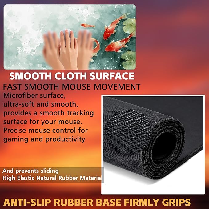 Desk Pad, Watercolor Koi Fish Desk Mat, Koi Fish in Pond Large Gaming Mouse Pad, 31.5"x15.7" Extended Big Computer Keyboard Mouse Pad with Non-Slip Base and Stitched Edge