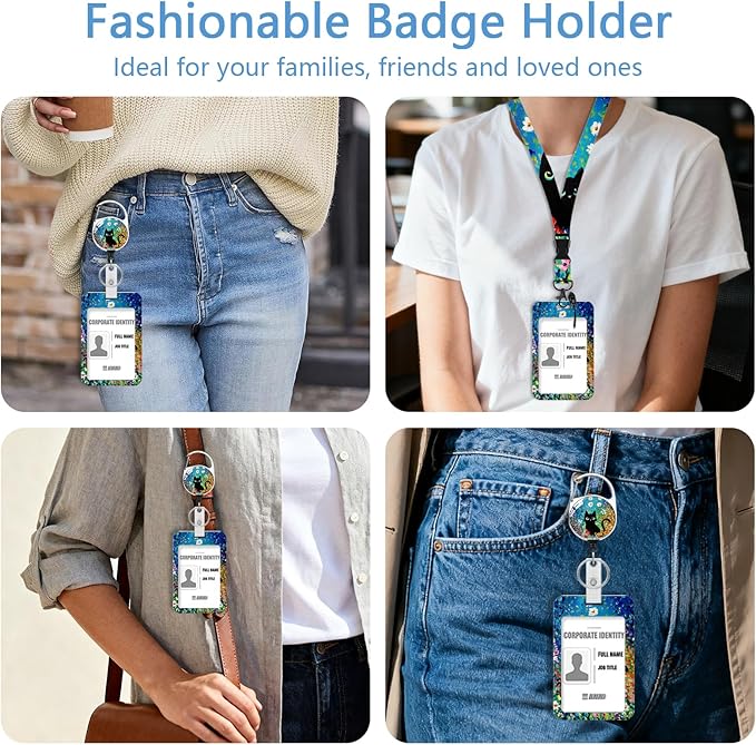Lanyard with Id Holder, Oil Painting Flower cat Badge Holder with Retractable Lanyard, ID Holder with Badge Reel Clips, Animal Keychain Name Tag Teacher Women Doctor Office Gift