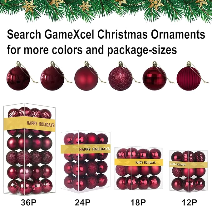 Maroon 1.6" Small Christmas Balls Christmas Tree Decoration Ornaments Shatterproof Hanging Balls for Birthday Halloween Holiday Wedding Decorations Set of 12pcs