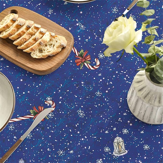 Horaldaily Christmas Tablecloth 60×84 Inch Oval, Winter Snowman House Christmas Trees Blue Washable Table Cover for Party Picnic Dinner Decor
