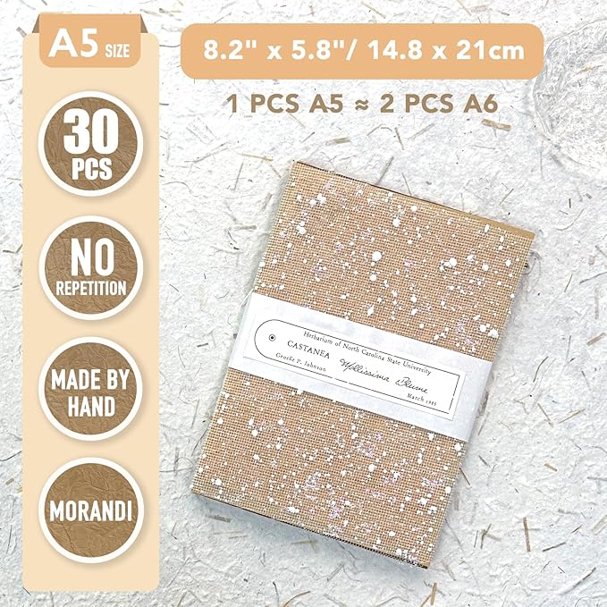 30Pcs Unique Handmade Textured Scrapbook Paper&Mesh Fabric set - A5 sheet Craft Mulberry Special Rice Paper Mix for Scrapbooking Junk Journaling Supplies Card Collage DIY Materials, 5.8x8.2 inches