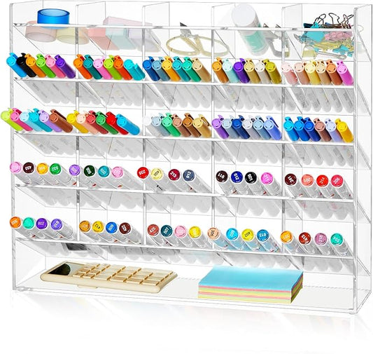 Acrylic Pen Organizer Storage for 300 Markers Vertical Marker Organizer Acrylic Pen Display Holder for Office Desk Desktop Stationery Pencil Storage, Clear, 15 x 4 x 12.4 Inch