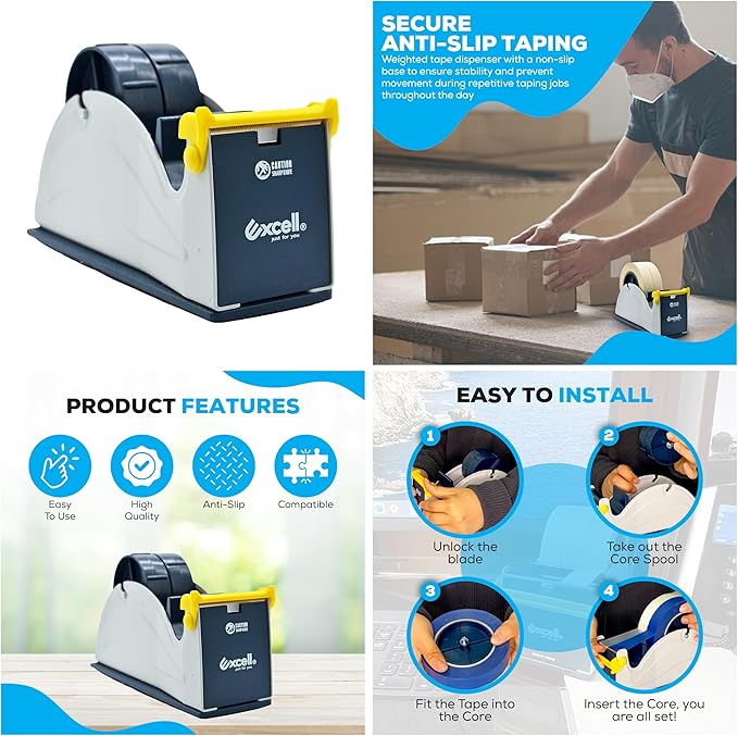 Excell ET-227 Blue/Grey Premium Twin-Roll Steel Desk Top Dispenser: 2 in. Wide (3 in. core) + LuxProdX Sticker