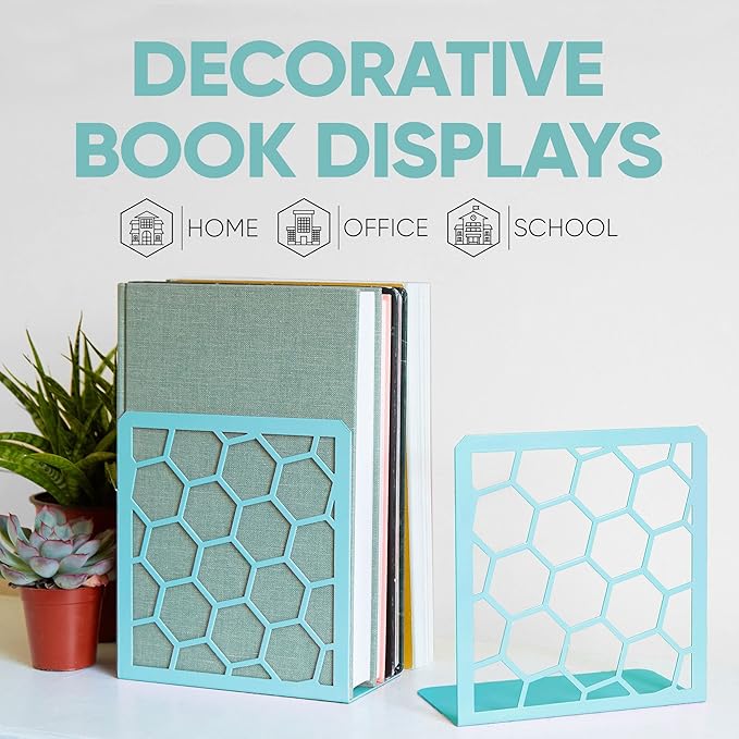 GEOMOD Geometric Honeycomb Turquoise Metal Bookends Decorative - Tall Sturdy Book Ends for Shelves - Modern Heavy Duty Bookend Stopper - Office Shelf Book Holder - 6x3.25x6.25 Inches - 1 Pair