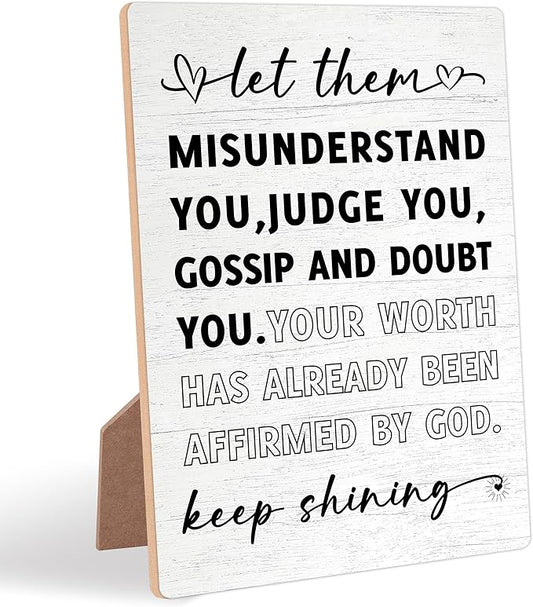 Desk Signs for Office, Mental Health Decorations, Inspirational Desk Decor, Home Decor Living Room, Coworker Gifts, Encouragement Gifts for Women Men Friend, Christian Gifts, Wooden Sign with Stand,1