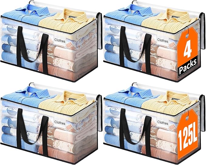 Extra Large Heavy Duty Moving Bags, Storage Bags with Strong Zippers & Handles, Packing Bags for Moving Essentials, Ideal Storage Tote for Home, Dorm & Storage Solutions, 125L 4 Packs Clear