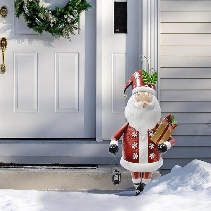 Fraser Hill Farm 50-in. Iron Santa Claus Holding Gift and Lantern with Removable Lawn Stake, Festive Holiday Decor, Indoor/Outdoor Christmas Decoration