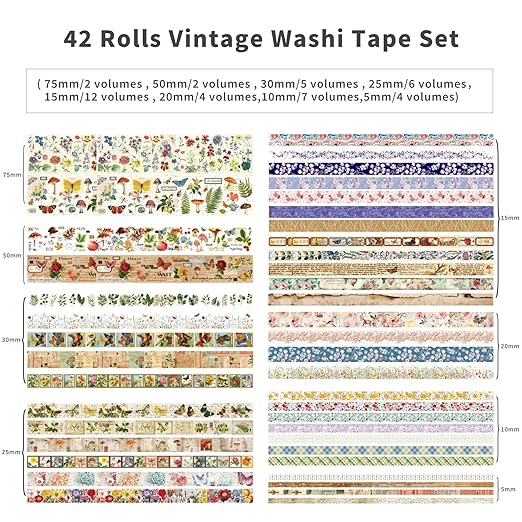 42 Rolls Vintage Washi Tape Set, Floral Letter Butterfly Mushroom Botanical Flower Writable Decorative Tapes for Scrapbooking , Junk Journal Supplies, Bullet Journaling 5-75mm Wide 9.84ft long/Roll