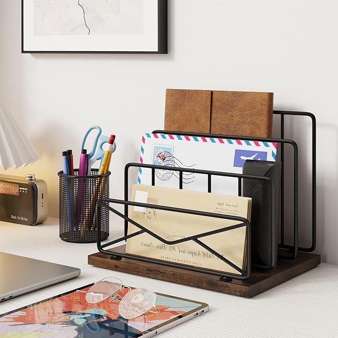 Desktop Mail Sorters Desk Mail Organizer-with 2 or 3 Slot Matte Black Metal Desktop Mail Sorter Metal Storage File Holder Letter Sorter Organizer for Home or Office Desktop (3 Slot)