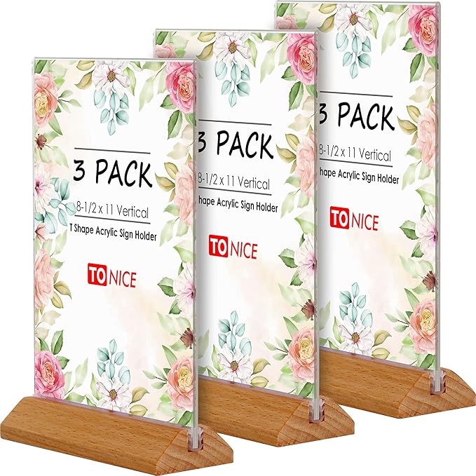 TONICE® 3 Pack 8.5X11 Acrylic Sign Holder T Shape Clear Acrylic Double Sided Frames with Wood Base Table Menu Display Stand Flyer Display (Optional 8.5x11/5x7 Inch L/T Shape)