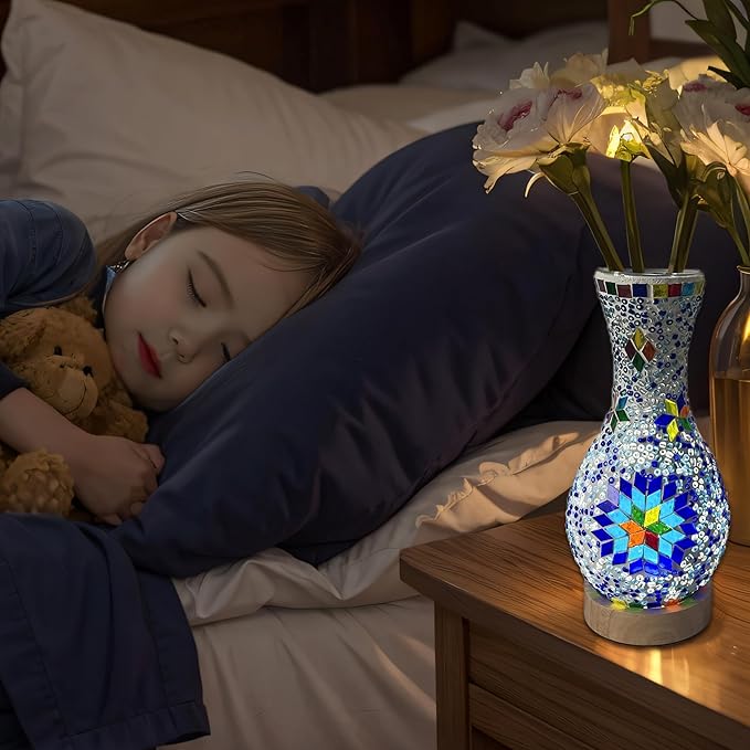Turkish Moroccan Table Lamp Mosaic Vase Lamp Handmade Glass Vase with Wood Base Decorative Bedside Lighting for Bedroom, Living Room, Farmhouse - USB Plug