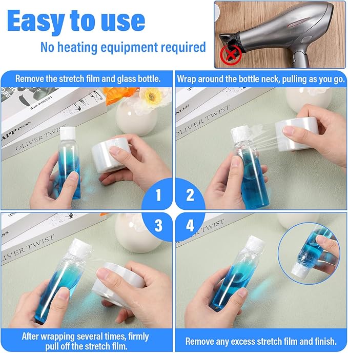 2 Rolls Mini Stretch Wrap for Bottles Jars Seals, Performance Heavy Duty Stretch Film 1.57In*1000ft Unheated Shrink Wrap Roll for Jars Bottles Cans Tin Lip Gloss