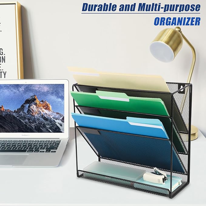 EASEPRES Desk File Organizer Mesh 4-Tier, Hanging Wall Mount Document Organization Stand, Desktop Vertical Mail Paper Folder Holder Rack with Bottom Tray for Office Home Cubicle Countertop, Black