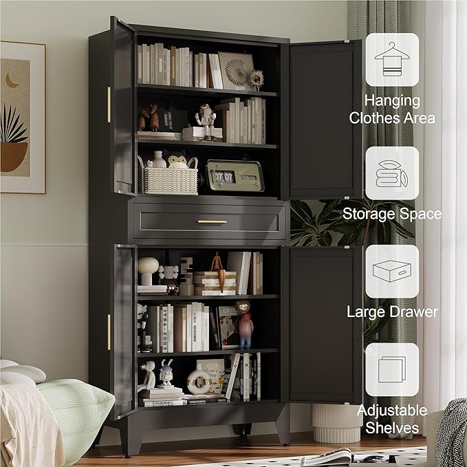 71" Tall Metal Storage Cabinet with Drawer and Adjustable Shelves,Farmhouse Kitchen Pantry Storage Cabinet with Doors,Large Wide Cabinets for Craft Room,Office,Dining Room,Bathroom(Black)