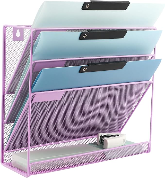 EASEPRES Desk File Organizer Mesh 4-Tier, Hanging Wall Mount Document Organization Stand, Desktop Vertical Mail Paper Folder Holder Rack with Bottom Tray for Office Home Cubicle, Light Purple