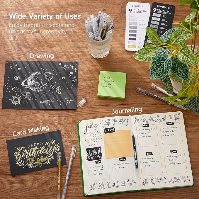 Shuttle Art Colored Pens, 22 Black White Gray & Metallic Tone Colors Cute Journal Pens 0.6mm Fine Point Colored Gel Pens for Black Paper Writing Drawing Journaling Note Taking School Office Home