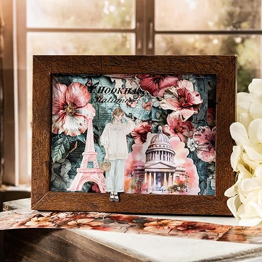 Vintage Floral Washi Tape Set – 6 Rolls, 2M Non-Repeating Flower Collage Designs, Decorative Craft Tape for Scrapbooking, Journals, Planners with Accessory Clip Included