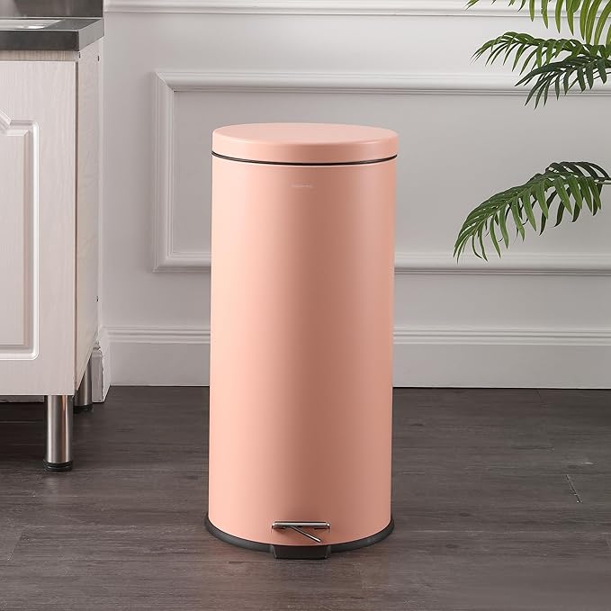 happimess HPM1000D Oscar 8-Gallon Step-Open Trash Can with Free Mini Trash Can, Modern, Fingerprint Proof for Home, Kitchen, Office, Large:7.9 Gallon Small:1.3 Gallon, Flamingo Pink