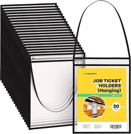 Hanging Job Ticket Holders 9x12 - (30 Pack), 8.5 x 11 Letter Size, Dry Erase Pockets, Clear & Black Plastic Sleeves - Reusable, Water-Resistant