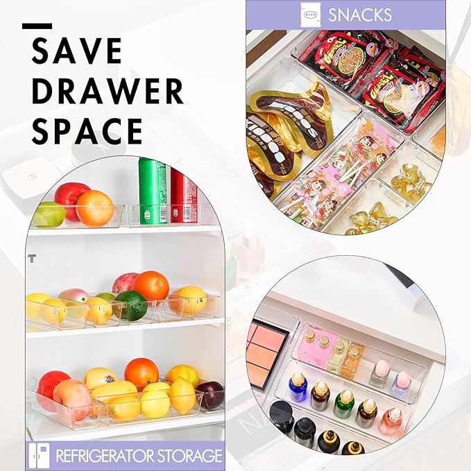 HOUSE DAY Desk Drawer Organizer Bins 4 PCS, 9*3*2" Clear Drawer Organizers with Silicone Pads, Vanity Organizers and Storage, Non Slip Plastic Drawer Organizer for Makeup, Bathroom, Kitchen, Office