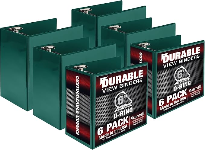 Samsill Durable 6 inch 3 Ring Binder, Made in USA, Locking D Ring FSC 100% Recycled Chipboard, Green, 6 Pack