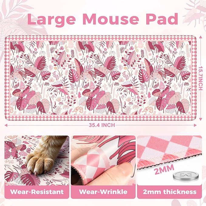 iCasso Pink Desk Mat,Extra Large Mouse Pad for Laptop,Long Computer Pad with Stitched Edges,Non Slip Keyboard Mat for Desktop,Cute Desk Cover Mat for Office Home School