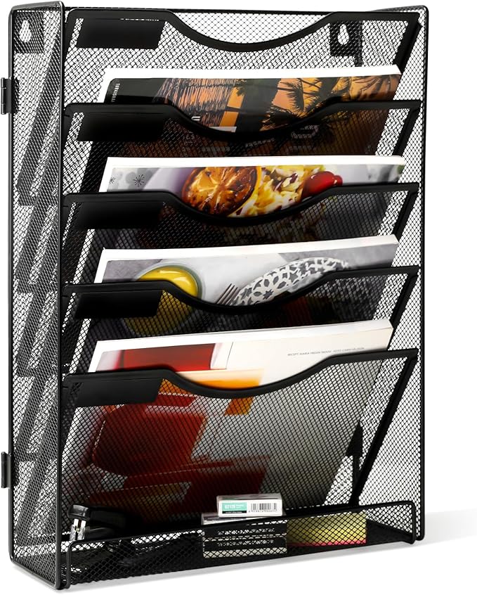 EasyPAG 5-Tier Wall File Holder, Mesh Hanging Folder Organizer with Classify Label, Versatile Desk File Organizer for Office Home , Vertical Wall Mounted Mail Paper Sorter, Easy Assembly, 2 Pack Black