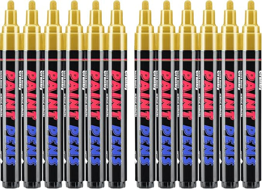 Gold Paint Pens Paint Markers - 12 Pack Permanent Quick Dry Waterproof Marker Pens for Rocks Wood Fabric Plastic Canvas Glass Mugs Metal Tire Stone