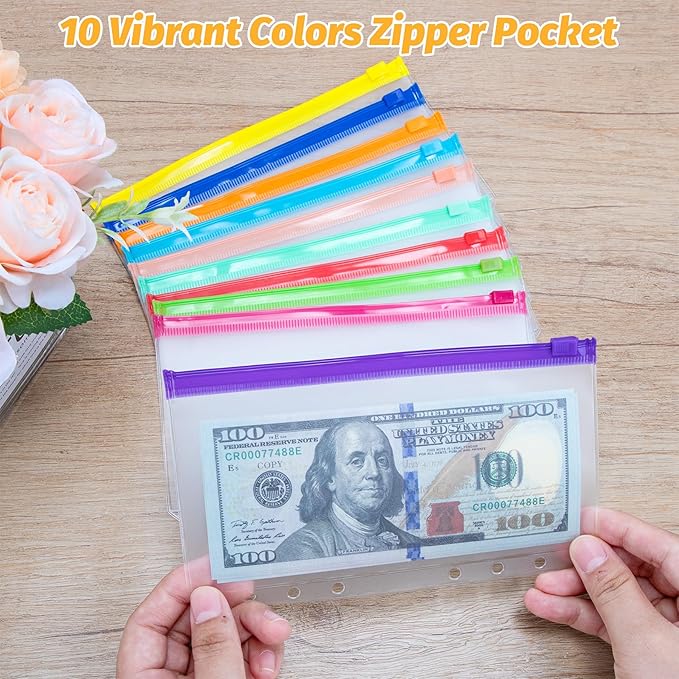 Antner 50PCS A6 Binder Pockets 6-Hole Budget Binder Inserts, 10 Assorted Color Zipper Pouch Folders Cash Stuffing Envelopes for Budgeting, Loose Leaf Filling Bags Money Organizer for A6 6-Ring Binders