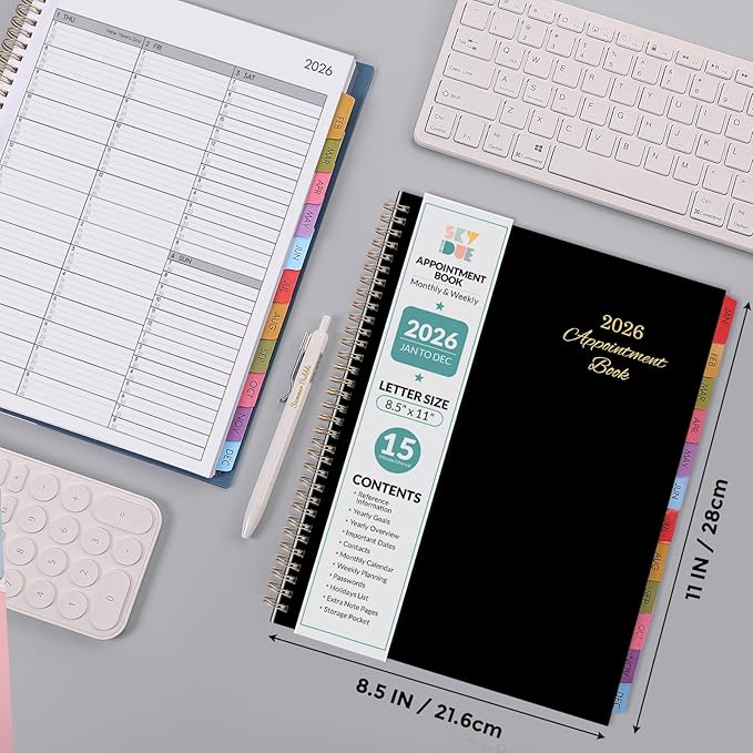 SKYDUE 2026 Appointment Book, 8.5" x 11", Hourly Planner with 15 & 30-Minute Increments, Weekly & Monthly Planner for January - December 2026, Perfect for Daily Planning, Black