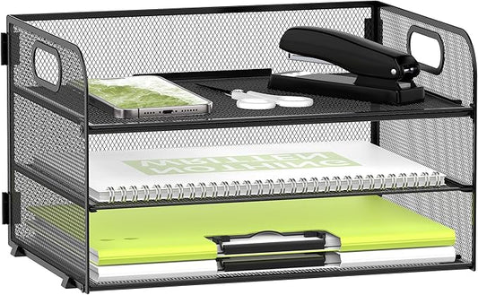 Daltack 3-Tier Paper Organizer with Handle, Mesh Desk Organizer Letter Tray, Paper Tray Organizer File Organizer for A4 File Folder, Black