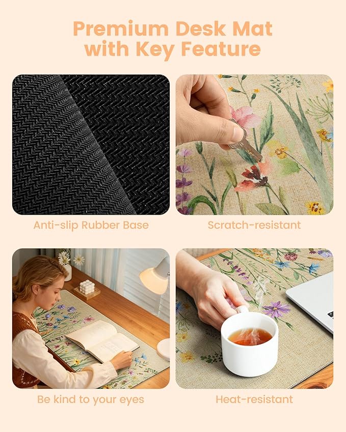 iCasso Desk Cover Mat, Extra Large Floral Mouse Pad, Desk Pad Mat,Office Matt for Desktop Protector, Anti-Slip XXL Big Mousepad with Stitched Edges for Laptop Computer Keyboard(Beige)