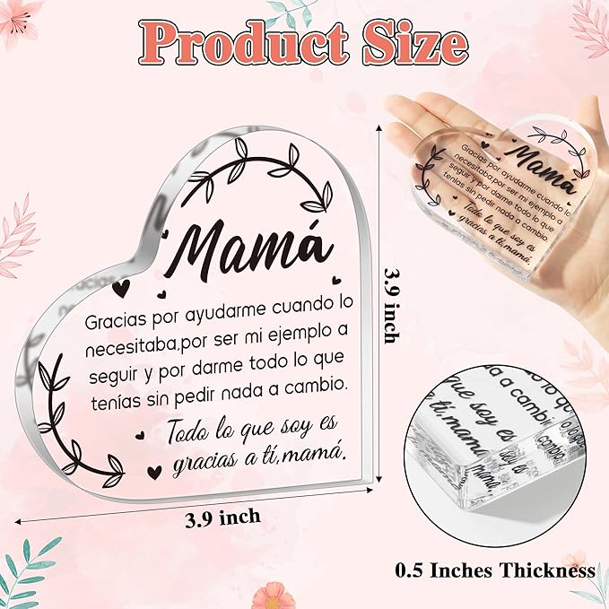 Yopyame Spanish Mom Acrylic Gifts - Regalos para Mamá Heart Acrylic Plaque for Office Deck Decor Ideas Keepsake Paperweight for Mom in Spanish Mother's Day Christmas Gifts for Mamá from Daughter Son