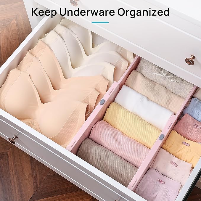 Vtopmart 8 Pack Drawer Dividers for Clothes, 4" High 11.6"-17" Adjustable Expandable Dresser Drawer Organizer, Plastic Separators for Dresser, Baby Clothes, Underwear, Kitchen & Office Storage, Pink