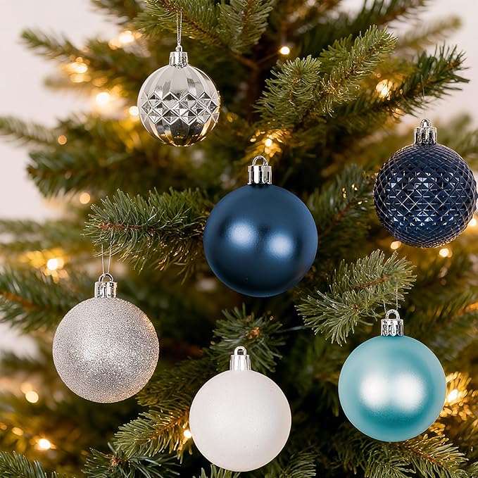 Christmas Tree Decorations Ornament Set, 60ct 2.36 Inches Navy Blue Silver Shatterproof Christmas Ball Ornaments, Hanging Ball for Xmas Holiday Wedding Party Decor