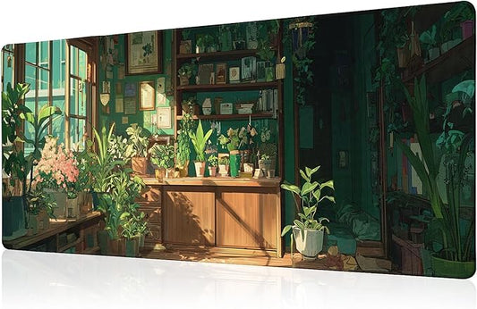 Green Plant Mouse Pad Desk Mat XL Extended Large Gaming Desk Pad Mousepad, Fresh Leaves Bookshelf Computer Laptop Keyboard and Mouse Mat, Desktop Protector Mat for Office and Home 31.5x11.8 in