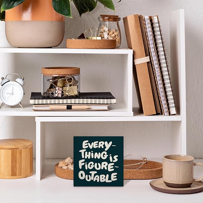 Inspirational Cyan Office Decor, Every Thing is Figure Outable Motivational Office Accessories Wooden Box Sign, Inspirational Gifts for Women, Men Wall Desk Shelf Tabletop Decoration 5x5In