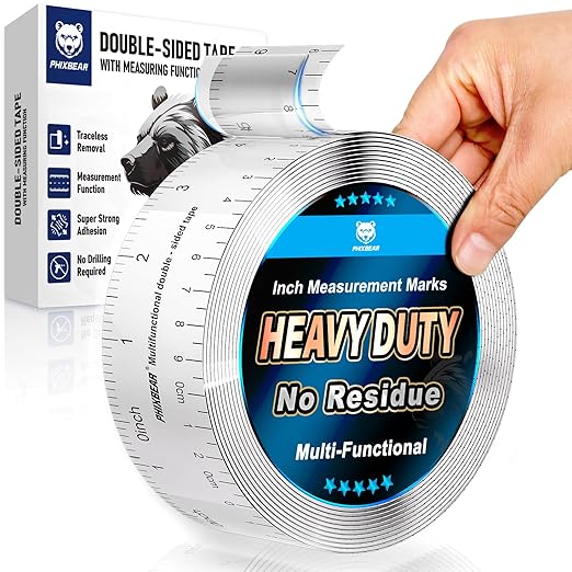 Heavy Duty Mounting Tape with Inch Measure Mark, Removable Clear Traceless Double Sided Strong Adhesive Tape for Wall, Carpet, Poster, Dorm Room, No Residue 1.18" x 15Ft