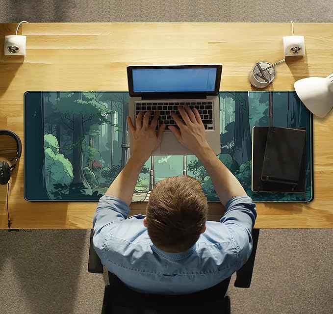 Japanese Green Forest Gaming Mouse Pad Anime Tree Woodland Desk Mat XL Large, Cute Aesthetics Women Office Desk Decor Laptop Computer Keyboard and Mouse Mat with Stitched Edges Matt 31.5''x11.8''