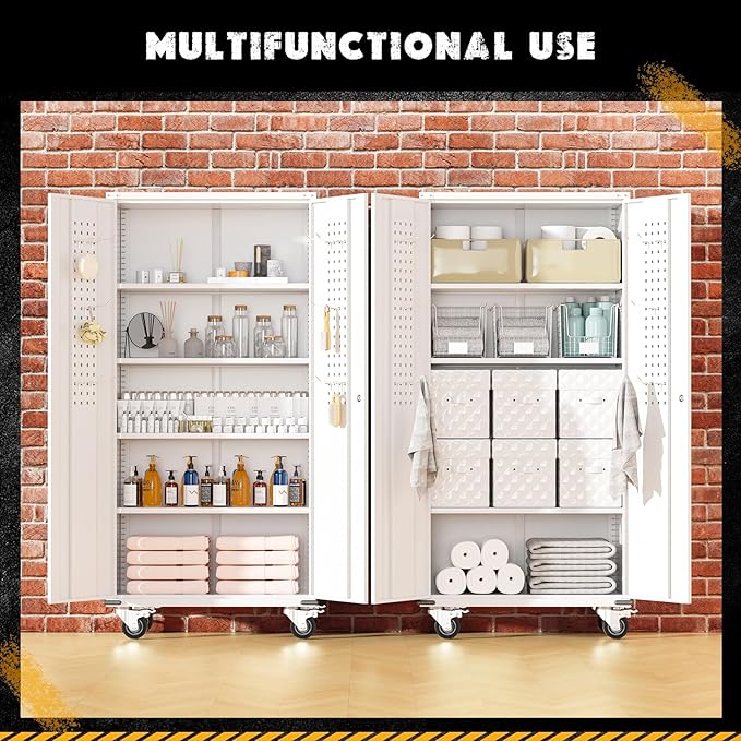 Greenvelly 72" Metal Storage Cabinet with Wheel and Pegboard, Lockable White Metal Garage Cabinets with 2 Doors and 4 Adjustable Shelves, Rolling Steel Tool Cabinet for Garage, Home Office, School