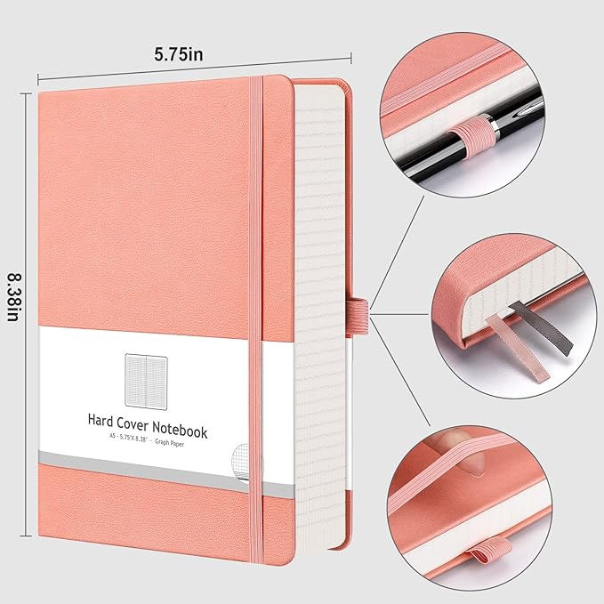 AHGXG Graph Paper Notebook - 320 Pages Grid Notebook Thick Journal A5, 100gsm Thick Graph Paper, Leather Hardcover, Inner Pocket,5.75'' × 8.38''- Pink