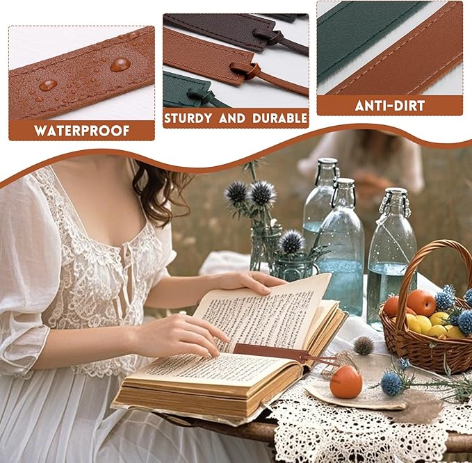 4 Pcs Leather Bookmark, Classic Stitched Bookmark with Leather Rope, Bookmarks for Men, Handmade Stitched Book Marks Page Markers for Book Reader Teachers Students School Office