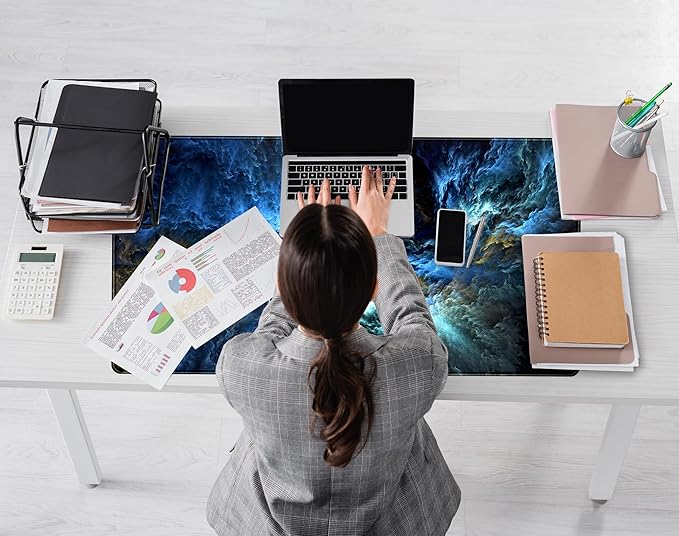 Cool Blue Waves Desk Mat XXL Gaming Mouse Pad, Large Extended Non-Slip Rubber Base Mousepad, Keyboard Mouse Mat, Desk Pad with Stitched Edges 31.5x15.75 in, Desktop Accessories Mat for Women