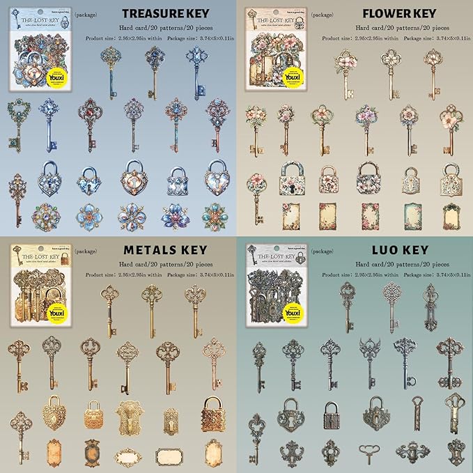 120 PCS Vintage Textured Cardstock Hollowed Key and Lock Stickers, Aesthetic Decorative Key and Lock Scrapbook Stickers for DIY Diary Junk Journal Handbook Journaling Scrapbooking Supplies Kit