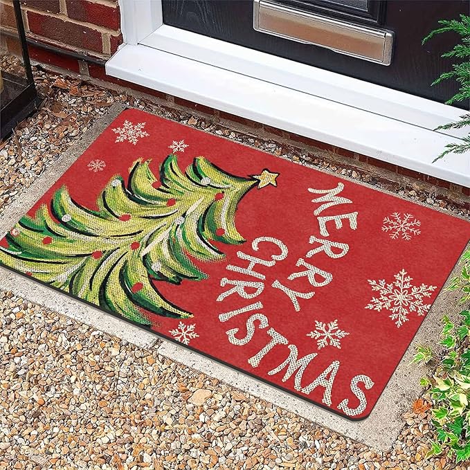 InterestPrint Christmas Doormat Outdoor Entrance Non-Slip Rug Front Porch Rugs, Christmas Tree Snowflakes Welcome Mat Front Door Rug Outdoor Funny Door Mat, 16" x 24" Inch