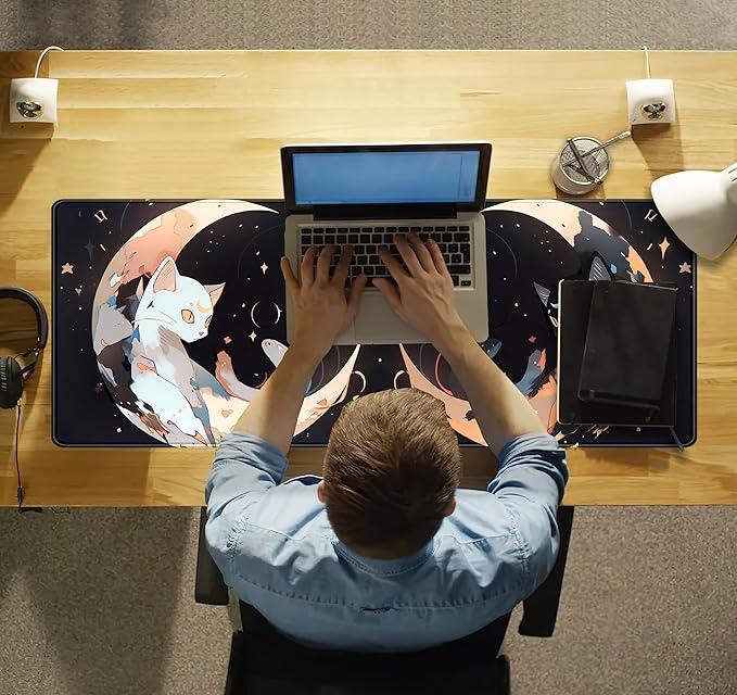 Cute Black White Cats Desk Mat Anime Cat Mouse Pad Kawaii Moon Desk Pad XL Large Extended Mousepad Desk Matt for Desktop, Computer Keyboard Mouse Mat for Women Office Decor Accessories 31.5x11.8 in