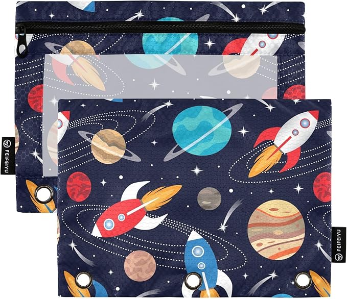 Space Cute Rockets Planets Pencil Pouch for 3 Ring Binder, 2 Pack Waterproof Pencil Bags Clear Window Zipper School Office Supplies