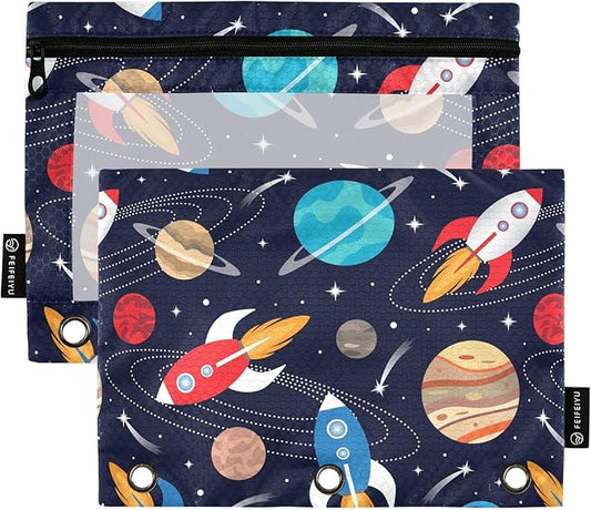 Space Cute Rockets Planets Pencil Pouch for 3 Ring Binder, 2 Pack Waterproof Pencil Bags Clear Window Zipper School Office Supplies